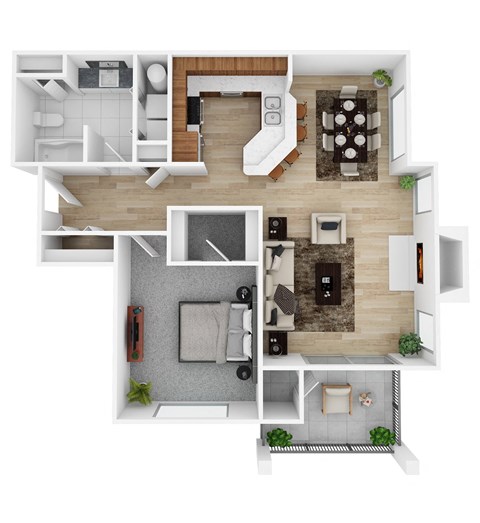 A top-down view of a modern apartment layout with a kitchen, living room, and bathroom.